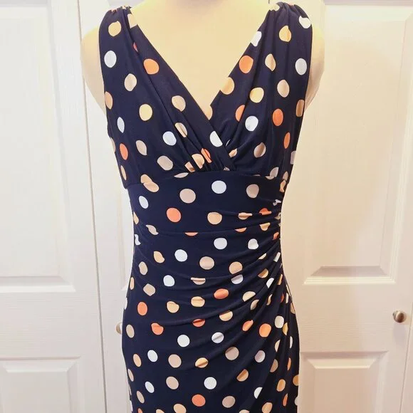 Navy Polka Dot American Living V-Neck Dress with Ruched Side Size 4 - Picture 4 of 8